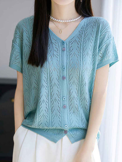 Mariah Elegant V-Neck Solid Color Jacquard Hollowed Cardigan