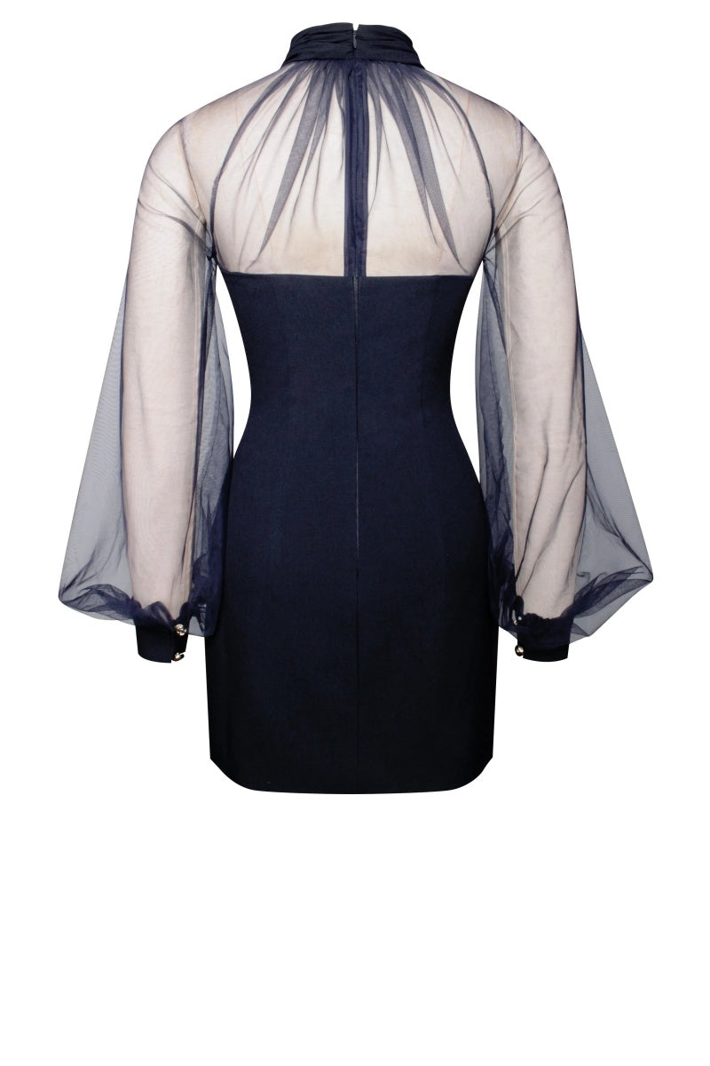 Vestido mini de malla azul marino con mangas farol de Tabitha