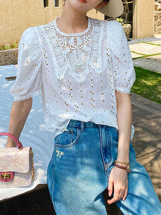 Layla Vacation Crew Neck Lace Embroidered Top