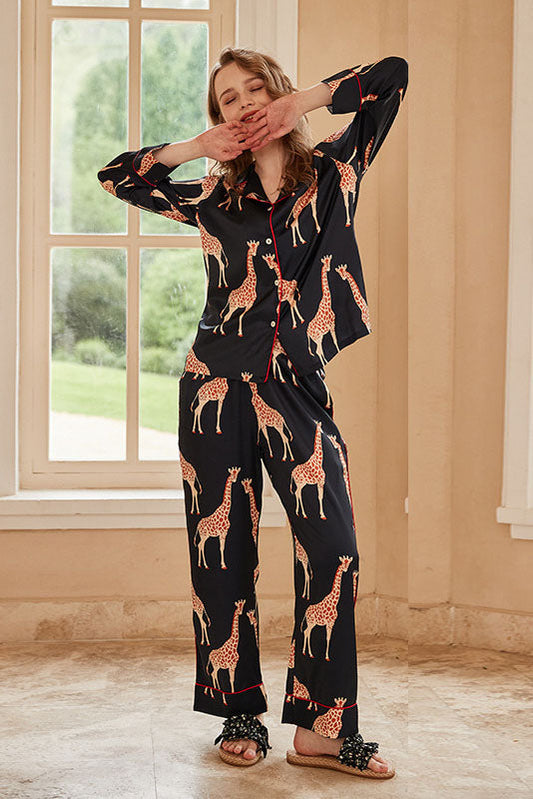 Conjunto de pijama de seda helada de manga larga con diseño de jirafa - Negro