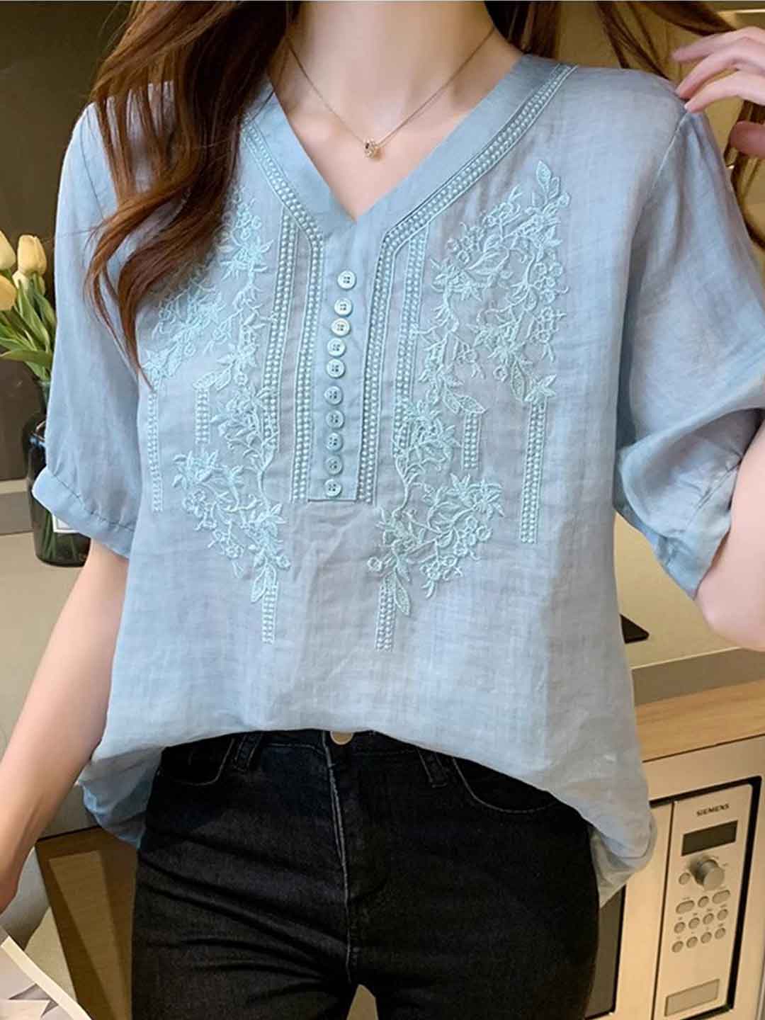 Layla Retro V-Neck Embroidered Top