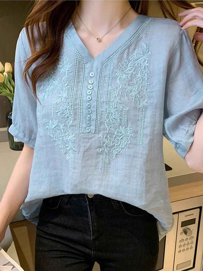 Layla Retro V-Neck Embroidered Top