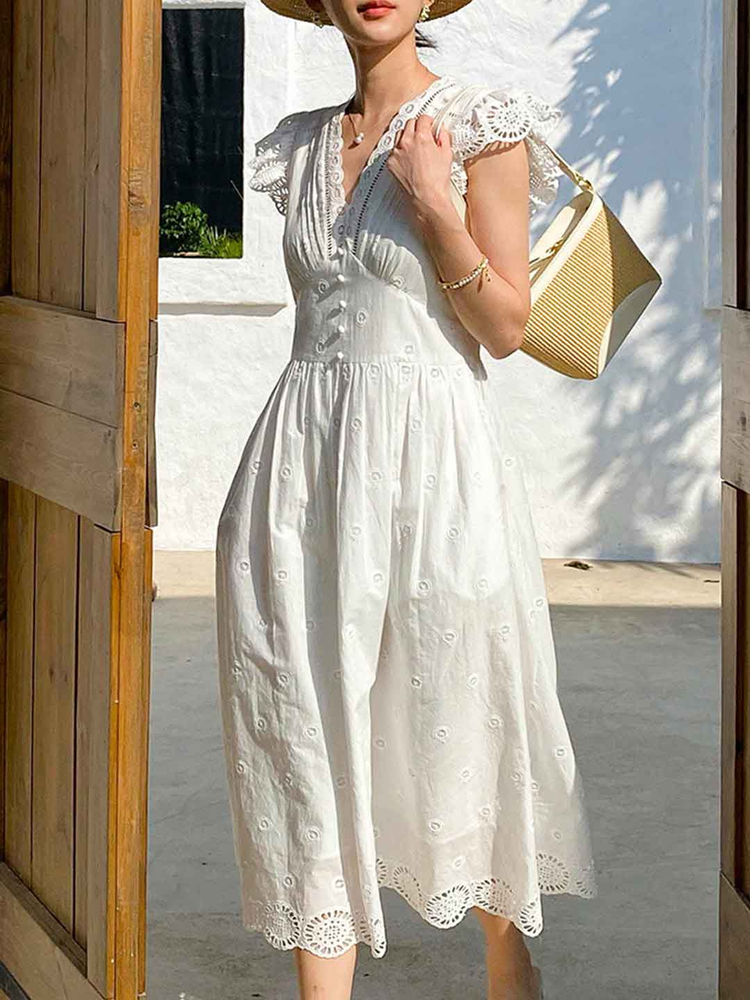 Olivia Vintage V-neck Embroidered A-line Dress