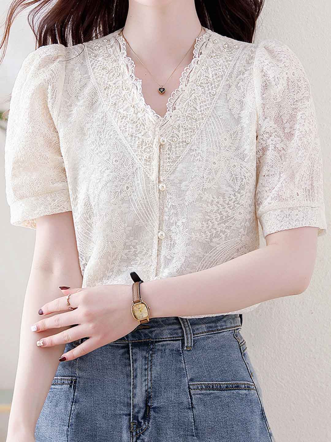 Kylie Elegant V-Neck Crochet Lace Blouse