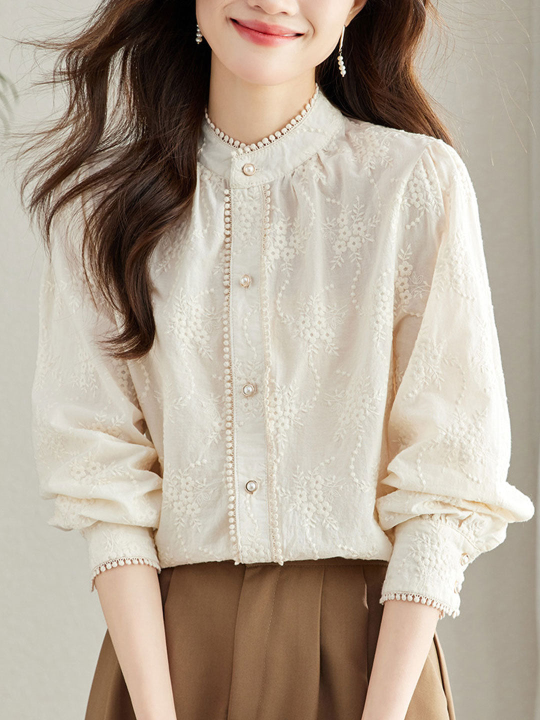 Mariah Retro Pearl Buttons Embroidered Top