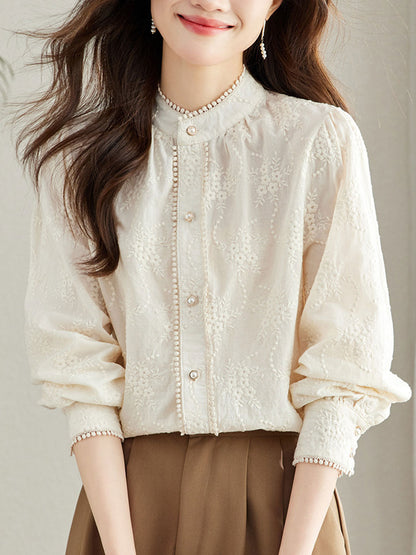 Mariah Retro Pearl Buttons Embroidered Top