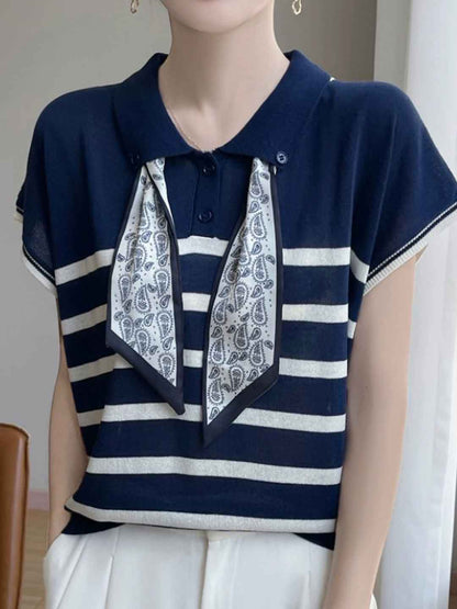 Maria Elegant Polo Collar Knitted Top-Navy Blue