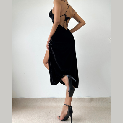 V neck butterfly applique ruched velvet cami maxi dress  | Festival Outfits Women