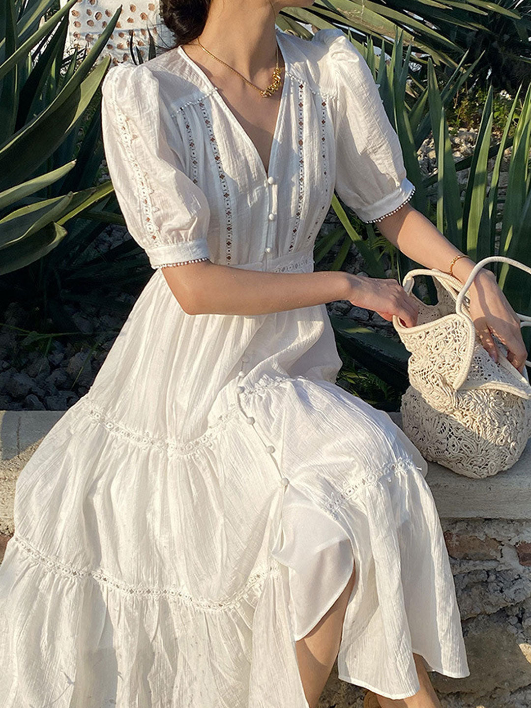 Zoey Elegant V-neck Puff Sleeve Hollowed Dress