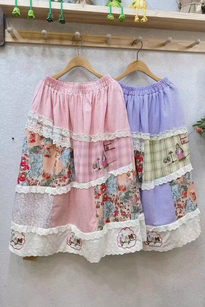 Loose A-Line Flowers Printed Lace Skirts