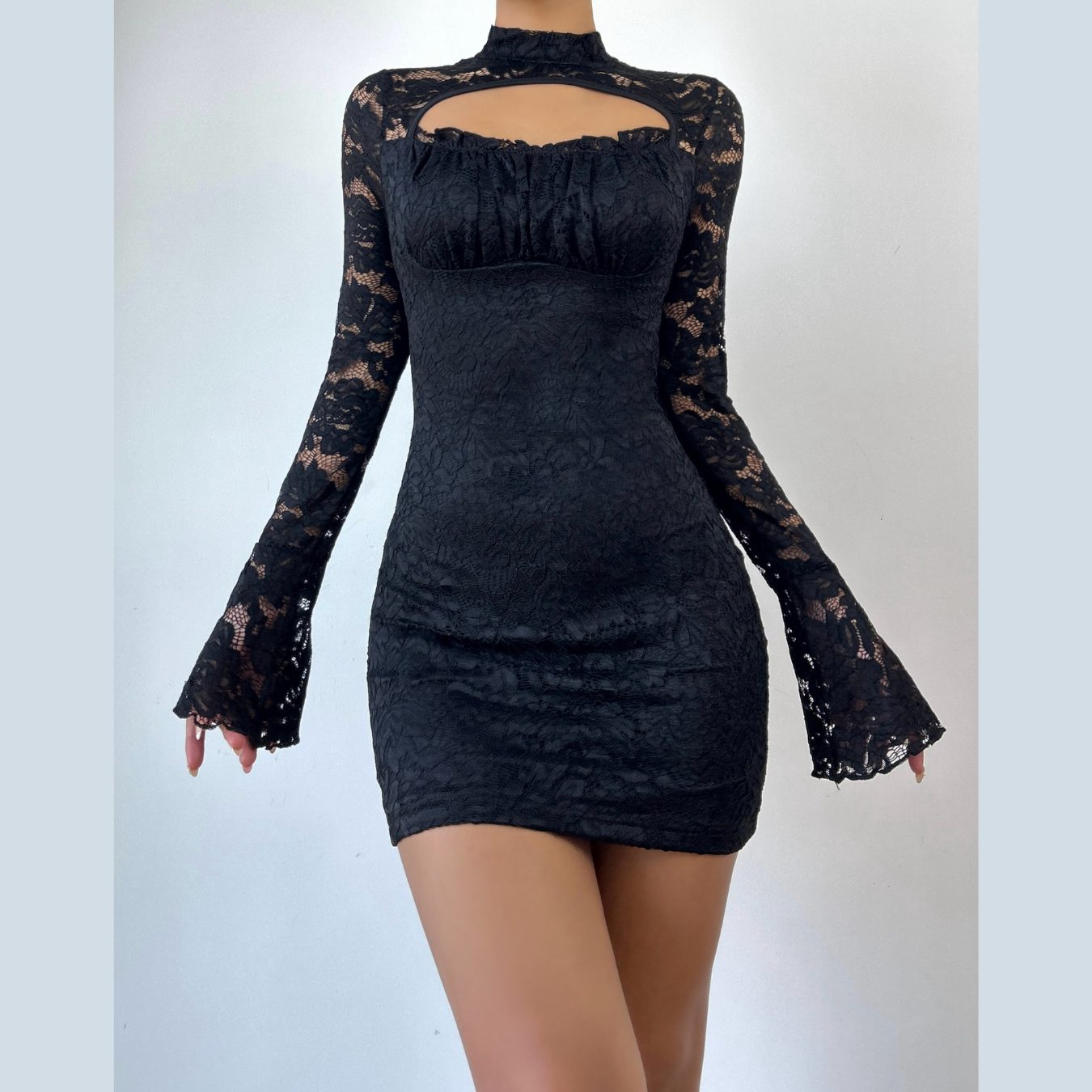 Long sleeve lace hollow out button cut out mini dress  | Festival Outfits Women