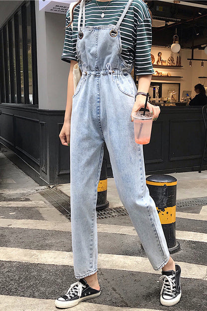 Loose Pocket Blue Denim Jumpsuits