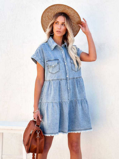 Denim Buttons POLO Collar Short-sleeved Shirt Mini&Short Dresses