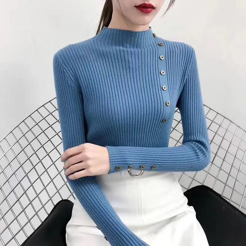 Jersey de cuello alto ajustado de punto elástico para mujer con botones | Ideal para otoño/invierno