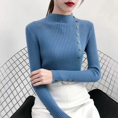 Jersey de cuello alto ajustado de punto elástico para mujer con botones | Ideal para otoño/invierno