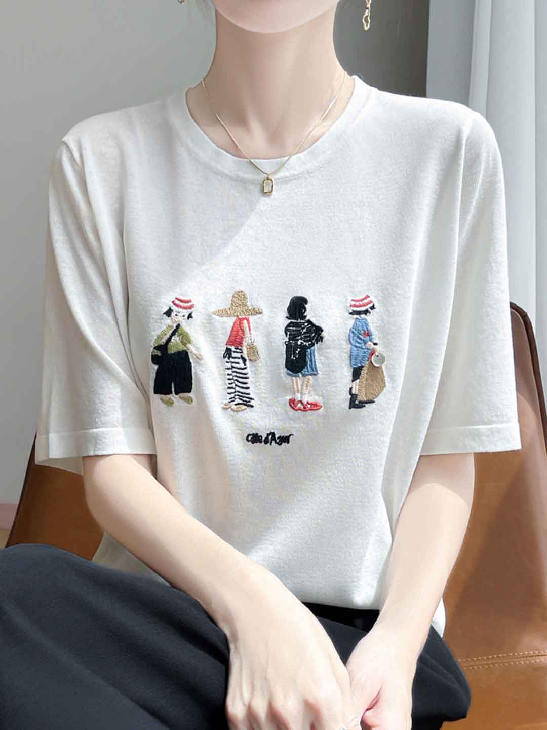 Jocelyn Loose Crew Neck Embroidered Knitted Top