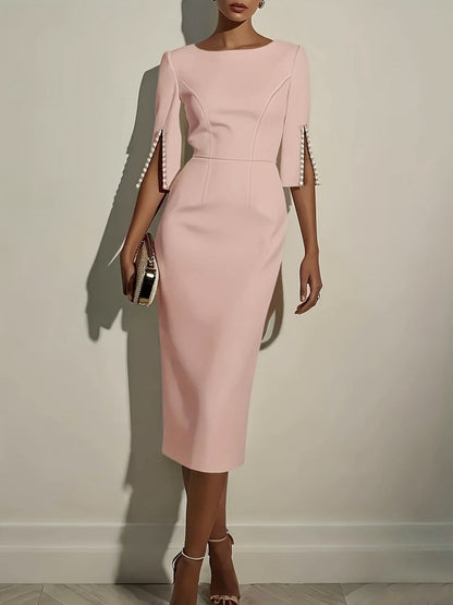 Pearl Zipper Solid Color Midi Dresses
