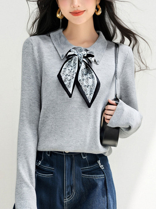 Natalie Loose Lapel Bow Tie Knitted Top
