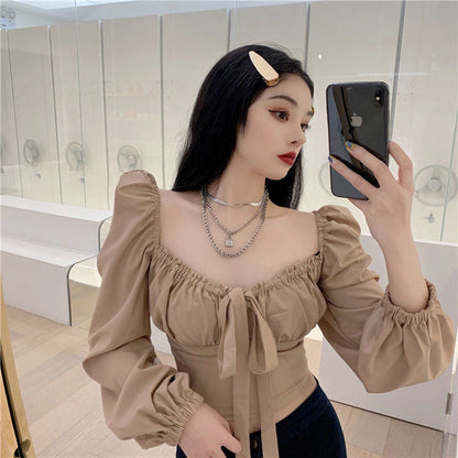 Long Sleeve Sexy Square Collar Bow Crop Tops