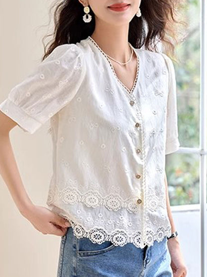 Maya Loose V-Neck Hollowed Lace Top