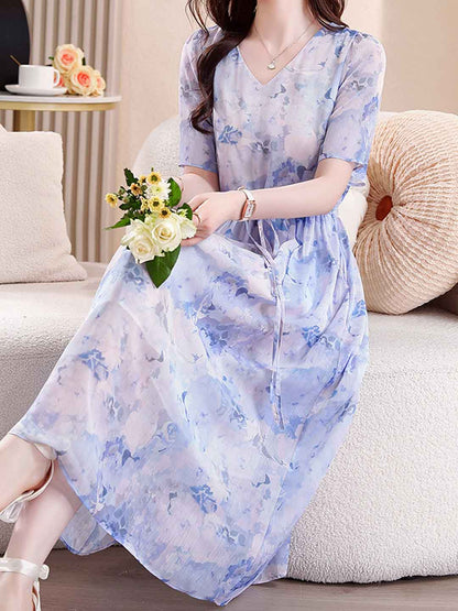 Payton Classic V-Neck Printed Chiffon Dress