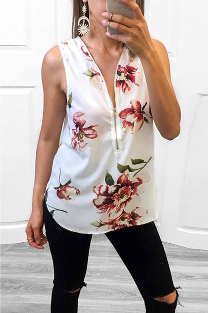 Summer Fashion Zipper Design Floral Tank Top
