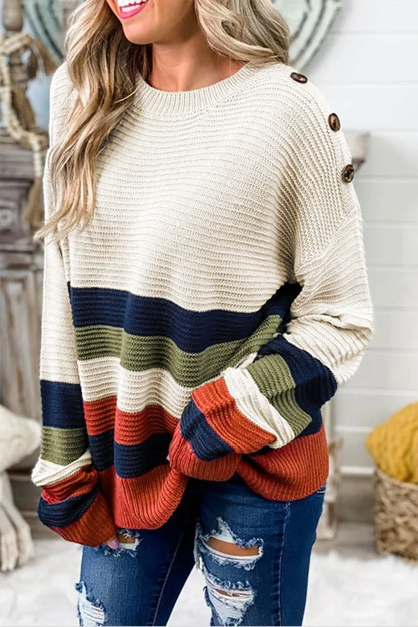 Jersey de punto a rayas oversize para mujer con cuello ancho | Ideal para otoño/invierno