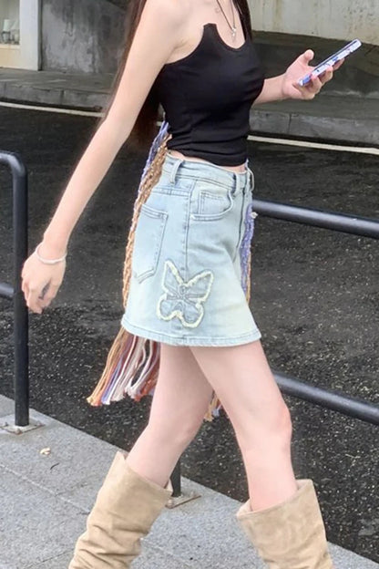 Vintage Butterfly Embroidery Mini Denim Skirts