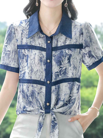 Sophie Classic Polo Printed Denim Chiffon Shirt