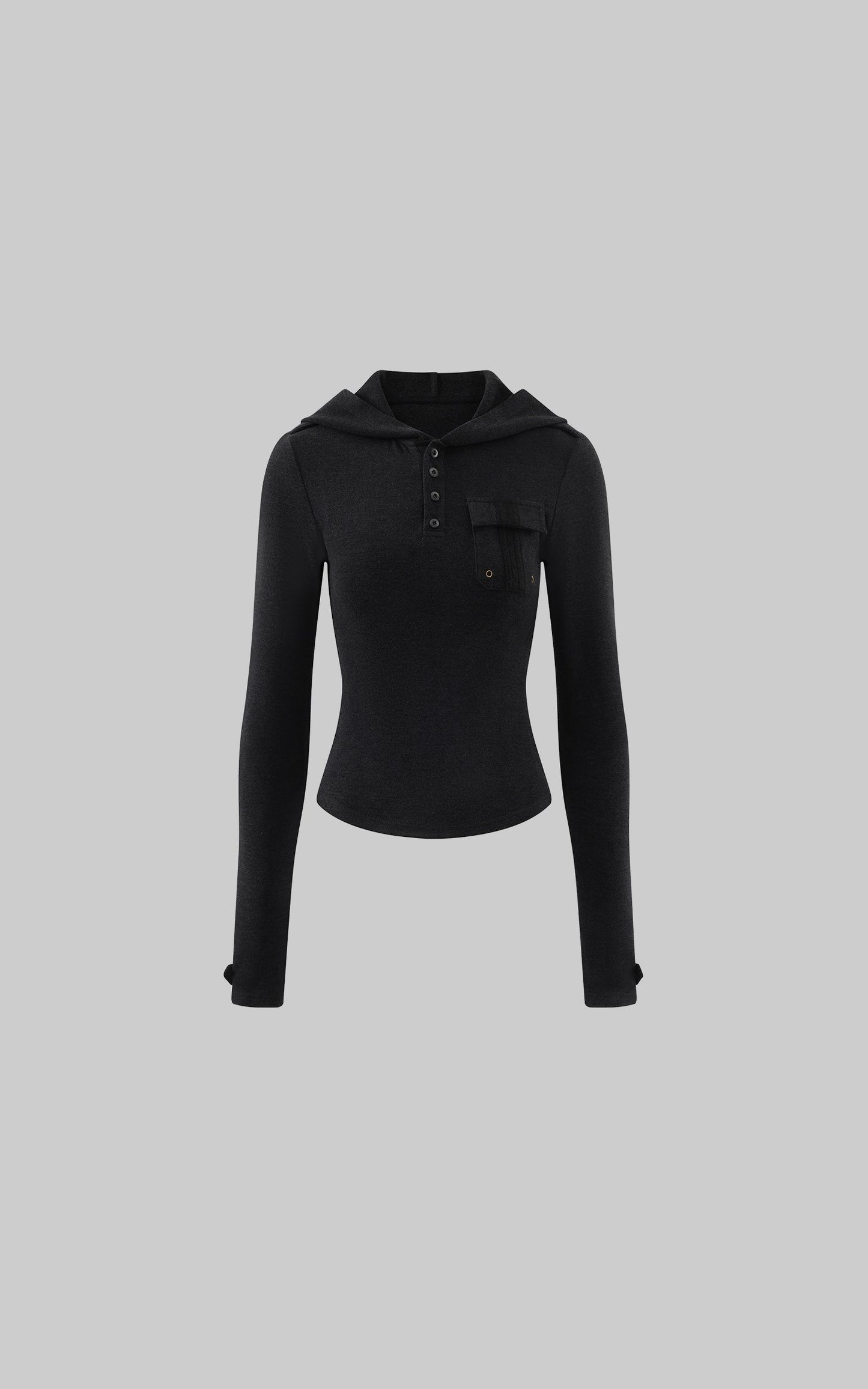 Slim Fit Hooded Long Sleeve Top with Pocket and Metal Eyelet Detail