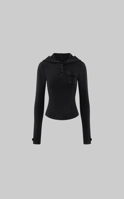 Slim Fit Hooded Long Sleeve Top with Pocket and Metal Eyelet Detail