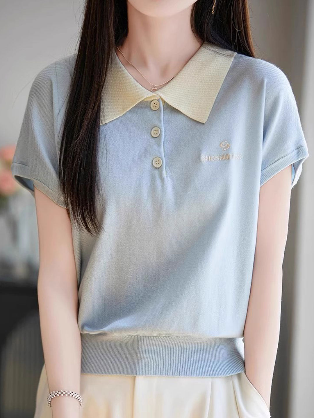 Molly Retro Lapel Contrasted Knitted Top