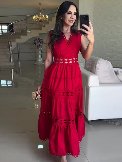 Openwork Embroidery V-neck Slimming Maxi Dresses