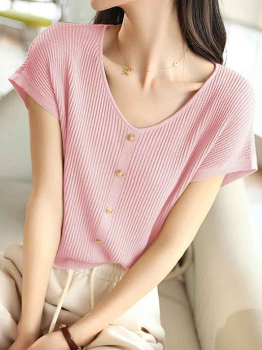 Kaylee Loose V-Neck Buttons Knitted Top