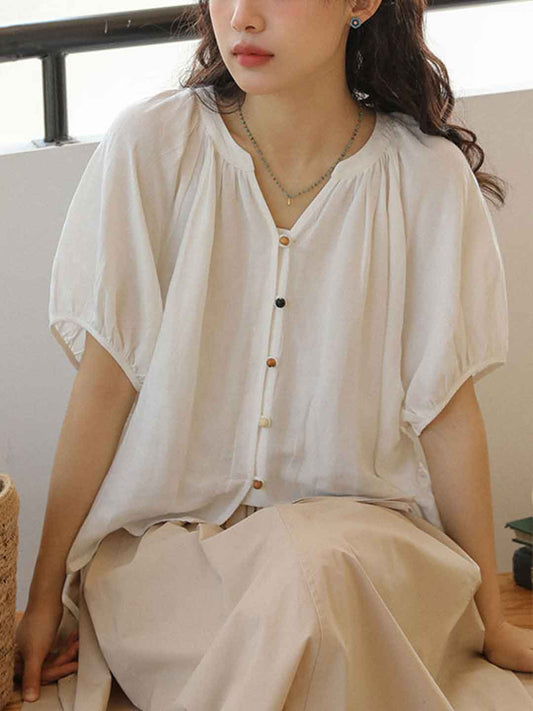 Paige Loose V-Neck Puff Sleeve Colorful Buttons Top