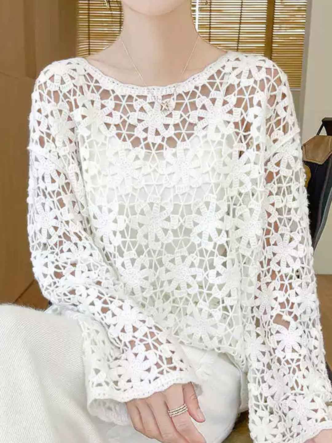 Olivia Vintage Crew Neck Embroidered Hollowed Top