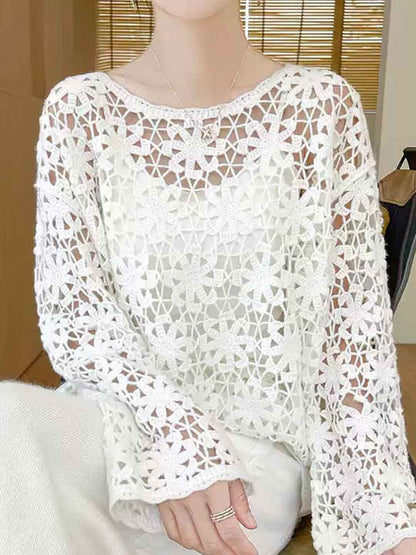 Olivia Vintage Crew Neck Embroidered Hollowed Top