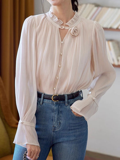 Makayla Elegant V-Neck Pleated Floral Shirt