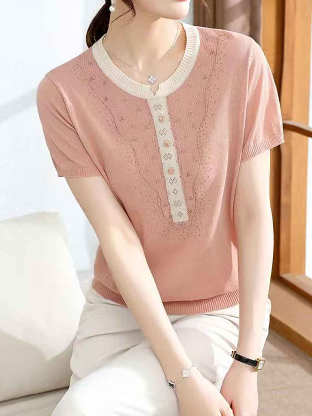 Layla Loose Crew Neck Rhinestone Knitted Top