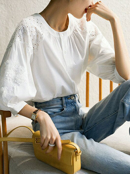 Zoey Classic Crew Neck Lantern Sleeve Embroidered Top