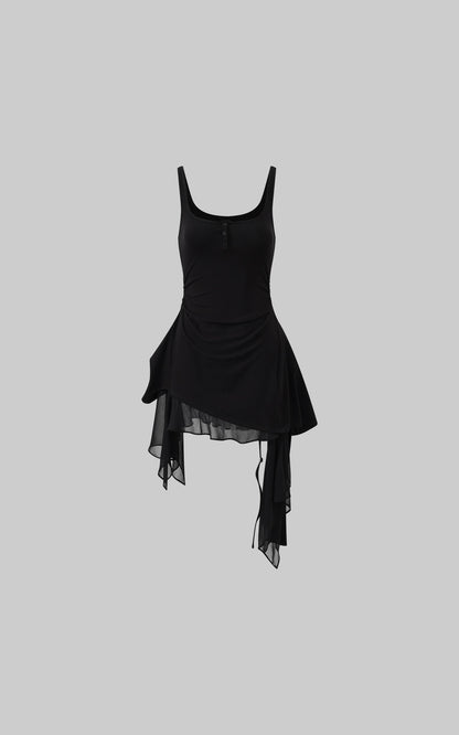 Layered Mesh Hem Dress with Raw Draping
