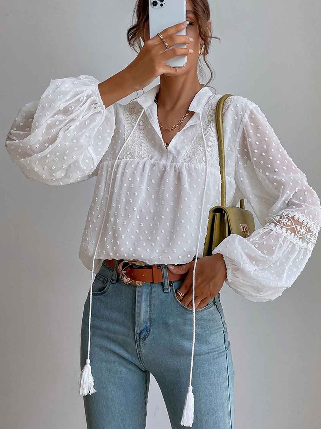 Maya Loose V-neck Polka Dot Chiffon Lace Blouse