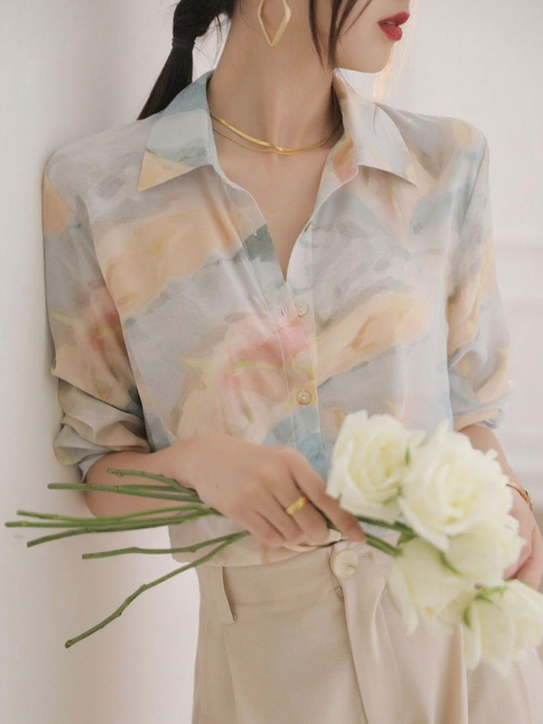 Maria Elegant Lapel Printed Satin Shirt