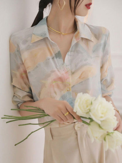Maria Elegant Lapel Printed Satin Shirt