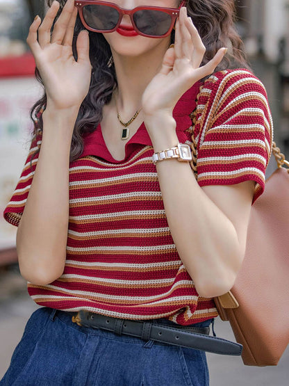 Khloe Retro Polo Striped Knitted Top