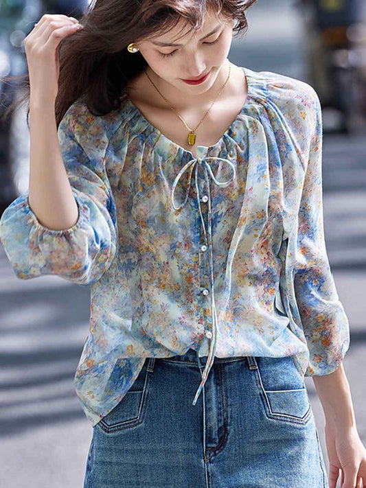 Kaitlyn Chic V-Neck Floral Chiffon Top