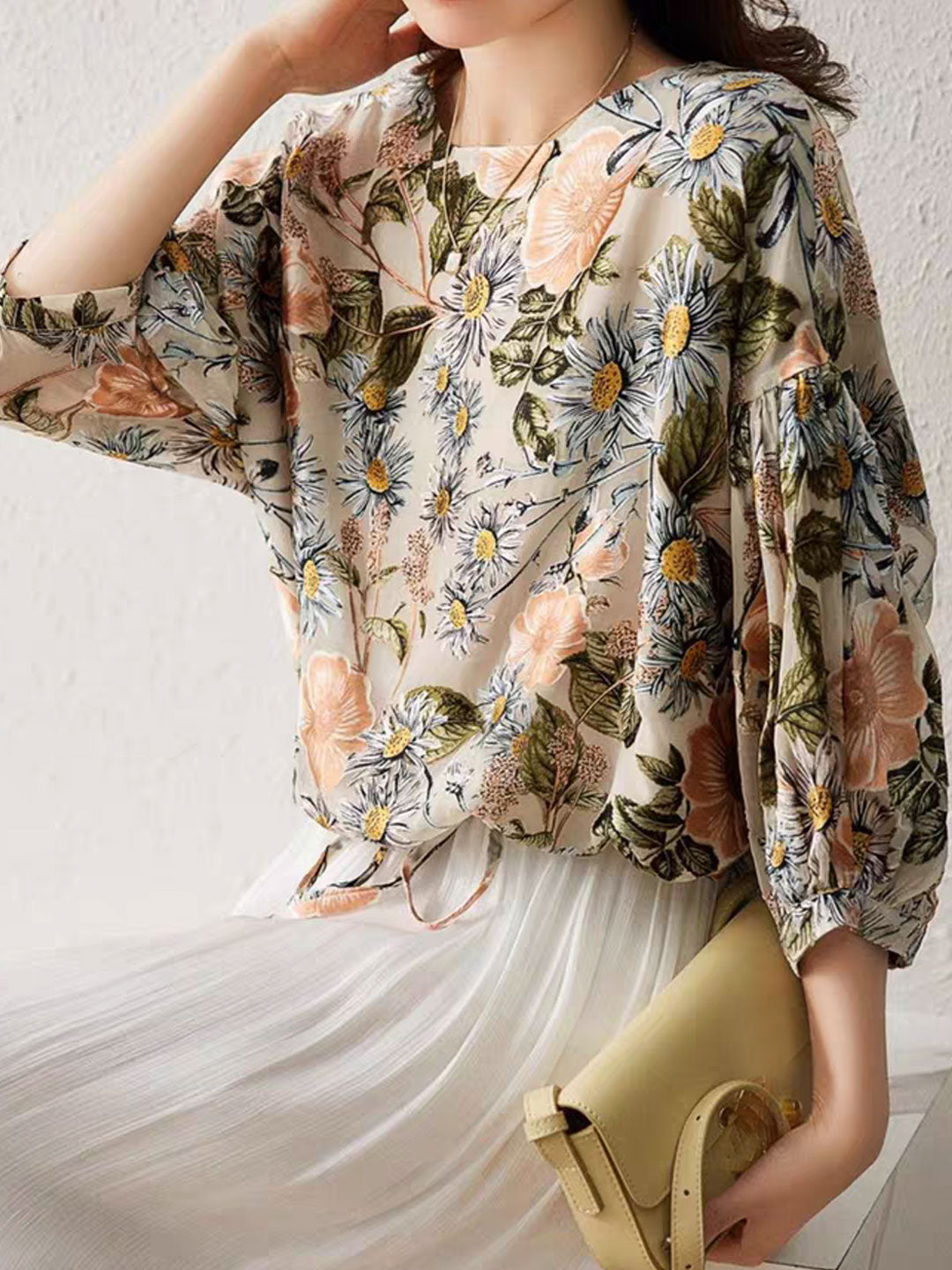 Mia Loose Crew Neck Puff Sleeve Printed Top