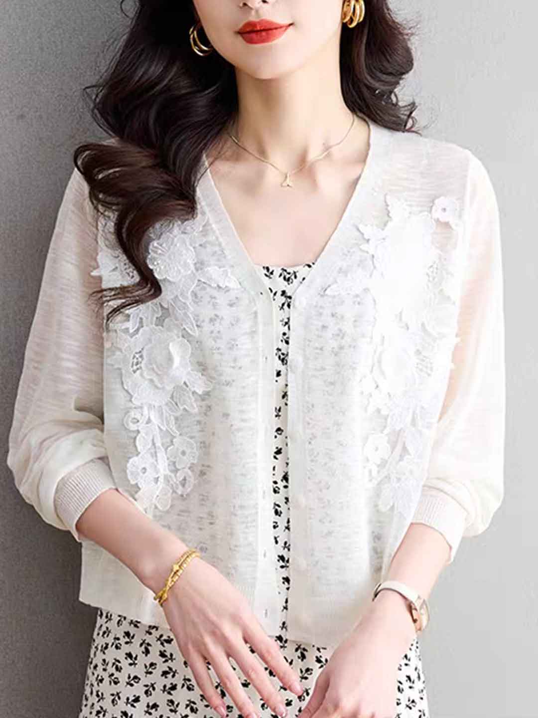 Zoe Elegant V-Neck Hollowed Embroidered Knitted Cardigan