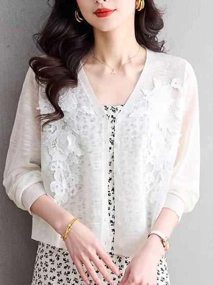 Zoe Elegant V-Neck Hollowed Embroidered Knitted Cardigan