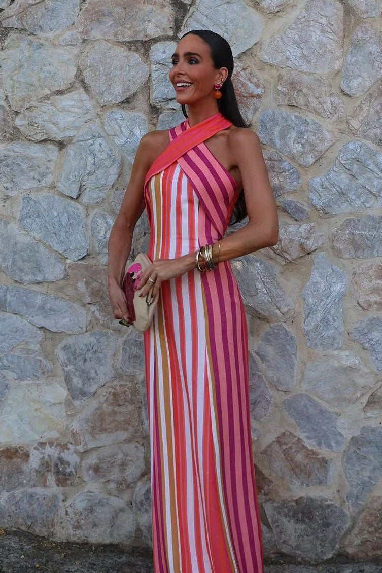 Vestido de rayas con cuello halter cruzado Sunset Samba